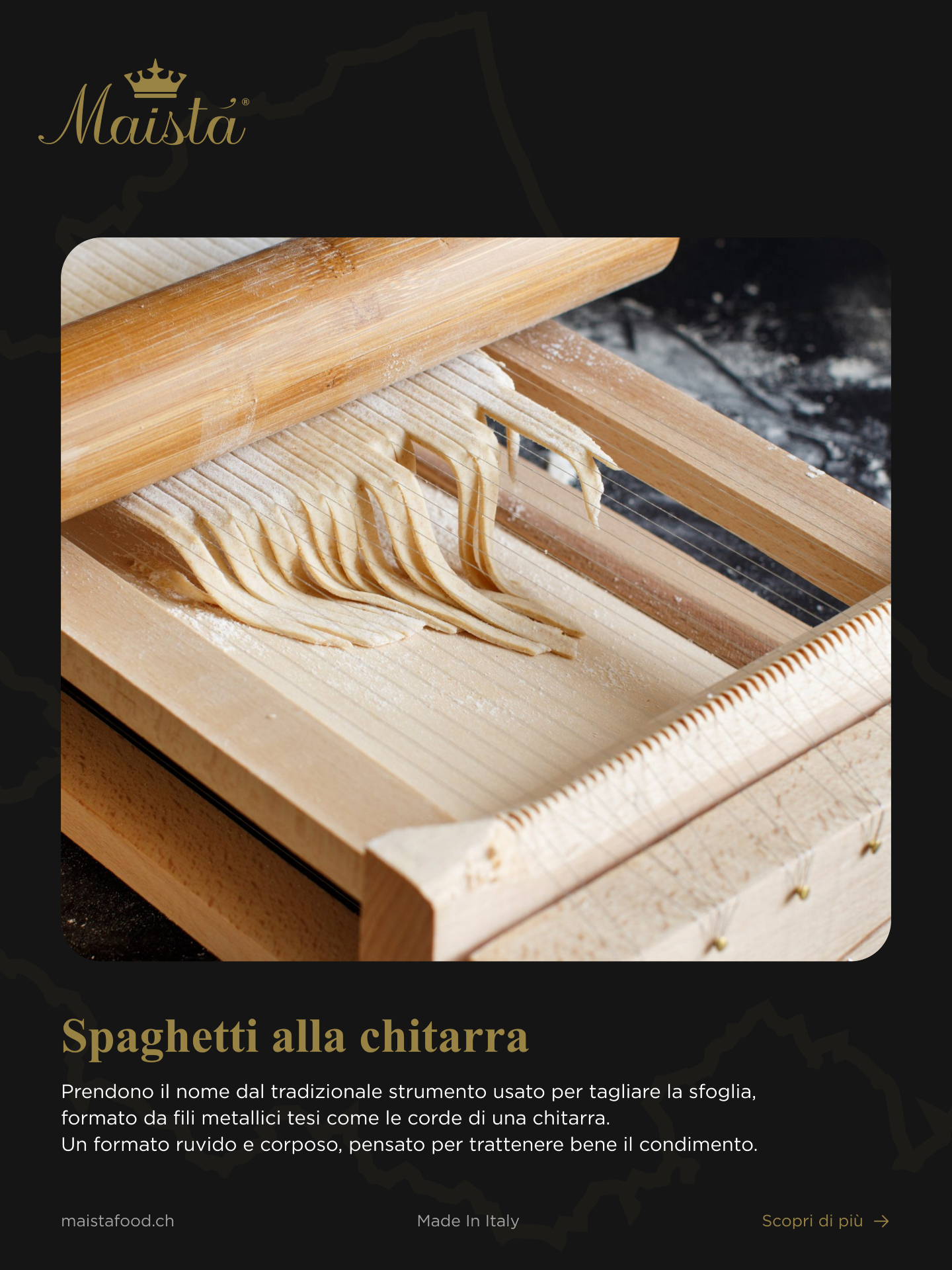 🇮🇹 Made in Italy, regione dopo regione.
Un viaggio tra sapori, tradizioni e specialità che raccontano l’Italia attraverso i suoi territori.
👑 Tappa 01 — Abruzzo
Una terra dalla forte identità gastronomica, dove ricette, lavorazioni e sapori custodiscono tradizioni tramandate nel tempo.
In questa prima tappa scopriamo tre specialità selezionate da Maistà: Spaghetti alla chitarra, Maccheroncelli e Torrone tenero al cioccolato aquilano.
Scorri il carosello e lasciati guidare tra i sapori dell’Abruzzo.
📩 Info e ordini:
orders@maistafood.ch | info@maistafood.ch
#MaistaFood #MadeInItaly #Abruzzo #SaporiItaliani #EccellenzeItaliane